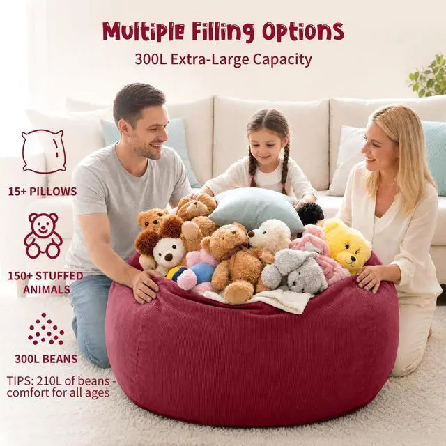 Alt view image 4 of 7 - 3 ft Bean Bag Chair Cover,Wine Red 300L | No Filler Washable Stuffed Animal Storage Beanbag Chair Cover 74" Extra Large Opening Premium Corduroy Bean Bag Cover