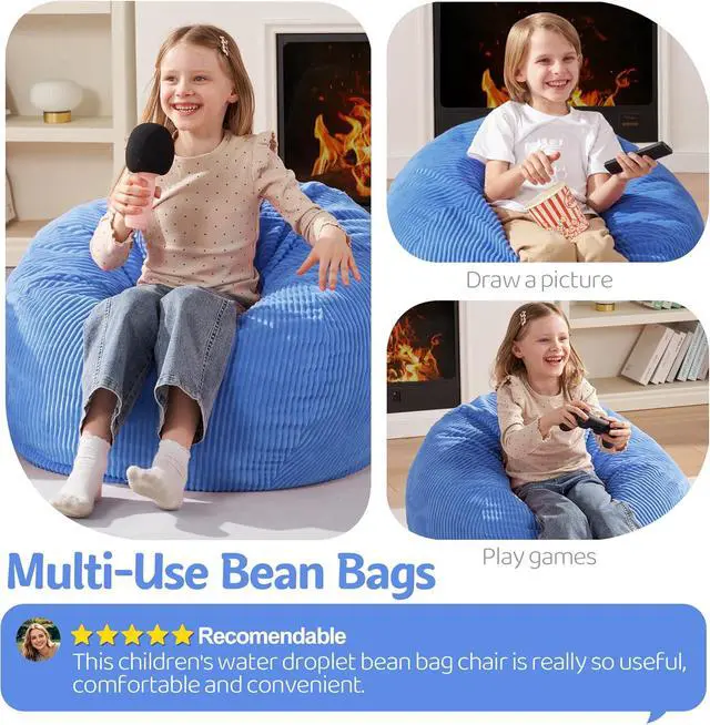 Alt view image 3 of 7 - Homguava 2FT Bean Bag Chair,Teardrop Beanbag Chair Bean Bags with Handle | Small Bean Bag with Memory Foam Filled and Ultra Soft Corduroy Cover for Living Room, BedroomBlue 2FT)