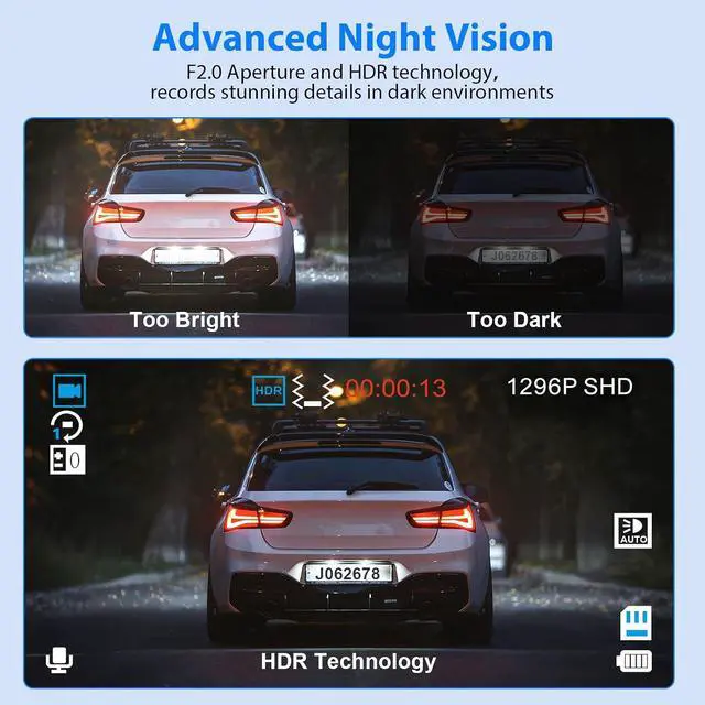 Alt view image 4 of 7 - Dash Cam Front and Rear, 1296P Dash Camera for Cars, 3 Channel Car Camera Front Rear and Inside with 32GB Card, Loop Recording, Night Vision, HDR, 24Hr Parking, G-Sensor