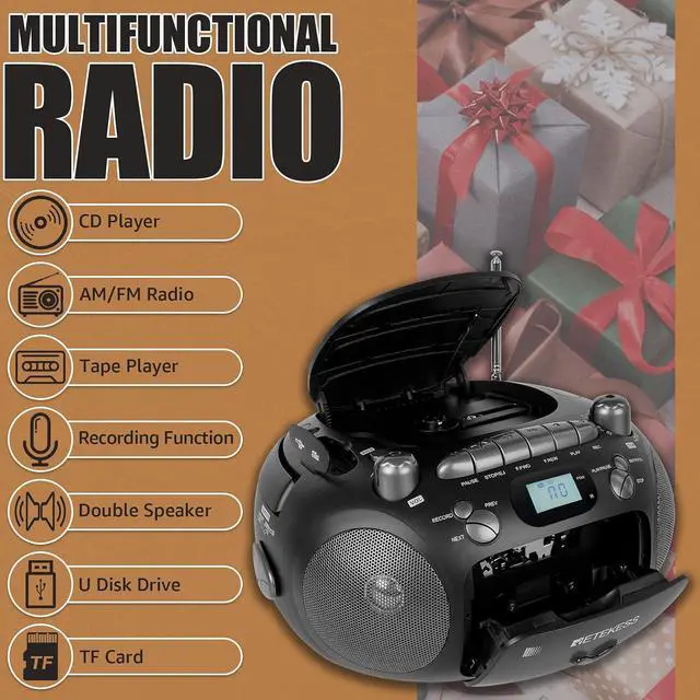 Alt view image 2 of 7 - Retekess TR630 CD Cassette Player, Boombox CD Player (Black) | for Family, AM/FM Radio,Recording Transcription, USB/Micro SD, LCD Display