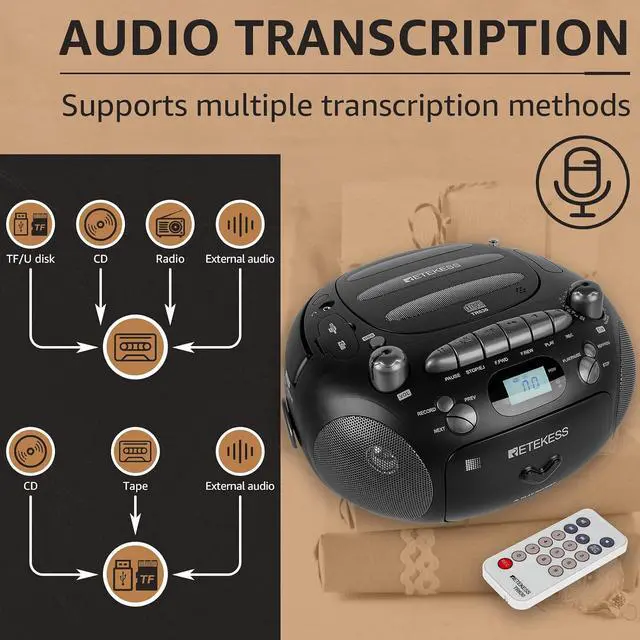 Alt view image 3 of 7 - Retekess TR630 CD Cassette Player, Boombox CD Player (Black) | for Family, AM/FM Radio,Recording Transcription, USB/Micro SD, LCD Display