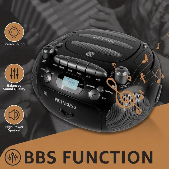 Alt view image 4 of 7 - Retekess TR630 CD Cassette Player, Boombox CD Player (Black) | for Family, AM/FM Radio,Recording Transcription, USB/Micro SD, LCD Display