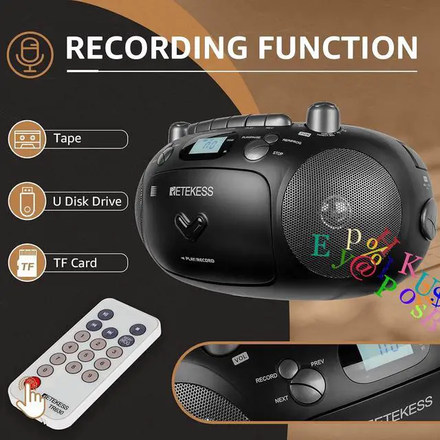 Alt view image 6 of 7 - Retekess TR630 CD Cassette Player, Boombox CD Player (Black) | for Family, AM/FM Radio,Recording Transcription, USB/Micro SD, LCD Display