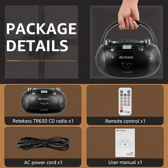 Alt view image 7 of 7 - Retekess TR630 CD Cassette Player, Boombox CD Player (Black) | for Family, AM/FM Radio,Recording Transcription, USB/Micro SD, LCD Display