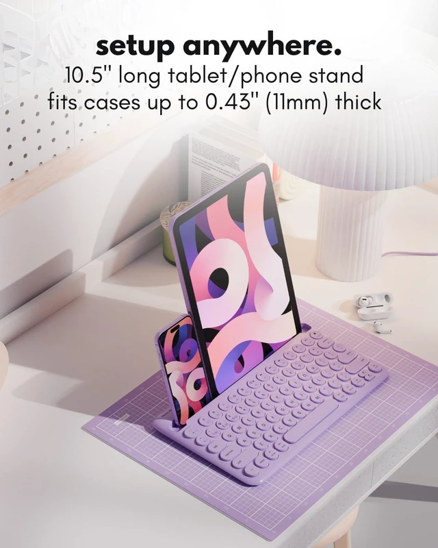 Alt view image 4 of 7 - Macally Small Wireless Bluetooth Keyboard for iPad mini/Air/Pro, iPhone, Tablet, and Phone - 78 Key iPad Keyboard with Built-in Stand - Universal Compatible Multi Device - Purple