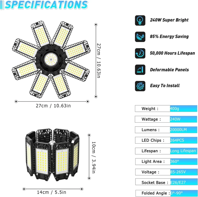 Alt view image 4 of 7 - Garage Light - 240W 24000LM 6500K Garage Lights Ceiling LED with 8+1 Deformable Panels, E26/E27 Screw Socket in LED Shop Light for Workshop, Basement, Gym, Barn, Warehouse etc Bay Lighting