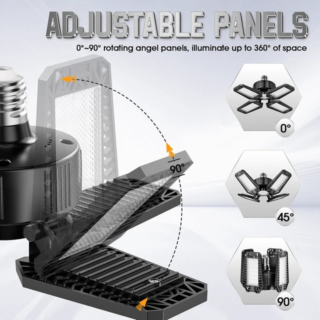 Alt view image 3 of 7 - Garage Lights 2 Pack 120W, 12000LM LED Garage Lights with 4+1 Deformable Panels 6500K Screw in LED Shop Lighting for Workshop, Basement Support E26/E27
