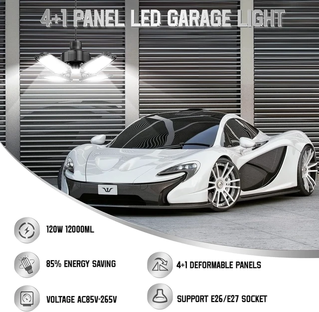 Alt view image 4 of 7 - Garage Lights 2 Pack 120W, 12000LM LED Garage Lights with 4+1 Deformable Panels 6500K Screw in LED Shop Lighting for Workshop, Basement Support E26/E27