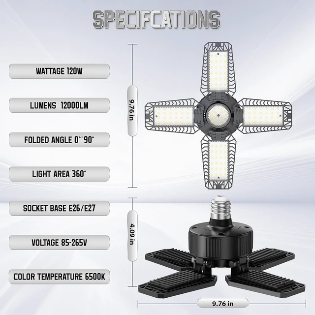 Alt view image 6 of 7 - Garage Lights 2 Pack 120W, 12000LM LED Garage Lights with 4+1 Deformable Panels 6500K Screw in LED Shop Lighting for Workshop, Basement Support E26/E27