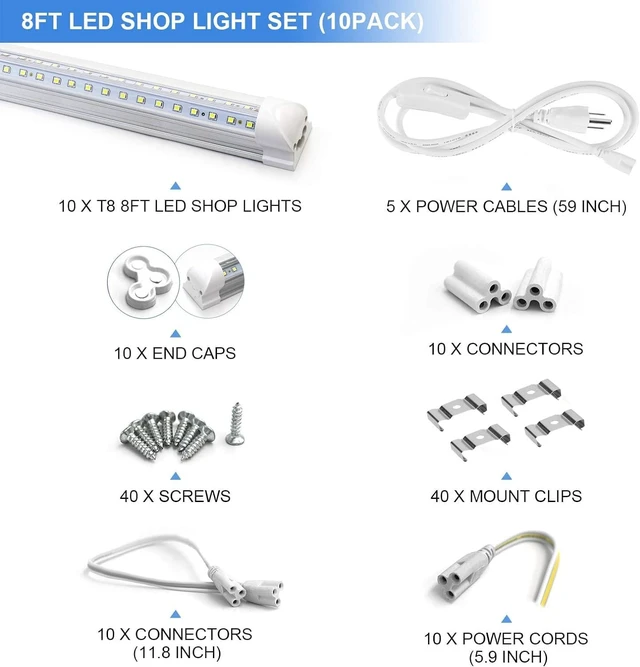 Alt view image 2 of 7 - 10-Pack 8ft LED Shop Light Fixture - 90W T8 Integrated LED Tube Light - 6500K 12000LM V-Shape Linkable - High Output - Clear Cover - Plug and Play - 270 Degree Lighting for Garage, Shop, Barn