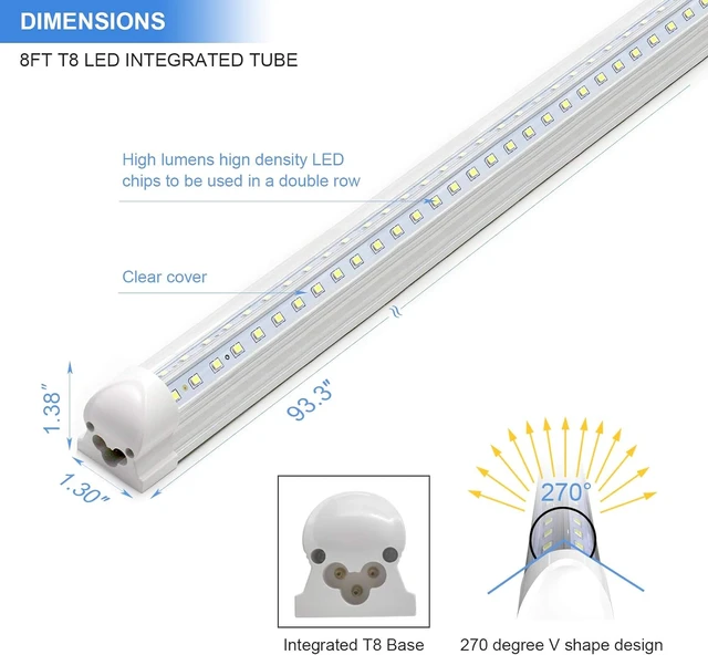 Alt view image 3 of 7 - 10-Pack 8ft LED Shop Light Fixture - 90W T8 Integrated LED Tube Light - 6500K 12000LM V-Shape Linkable - High Output - Clear Cover - Plug and Play - 270 Degree Lighting for Garage, Shop, Barn