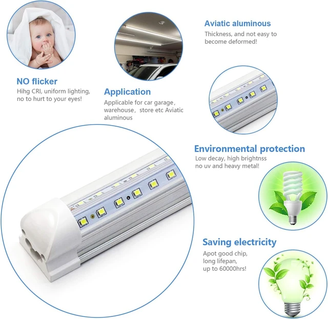 Alt view image 6 of 7 - 10-Pack 8ft LED Shop Light Fixture - 90W T8 Integrated LED Tube Light - 6500K 12000LM V-Shape Linkable - High Output - Clear Cover - Plug and Play - 270 Degree Lighting for Garage, Shop, Barn