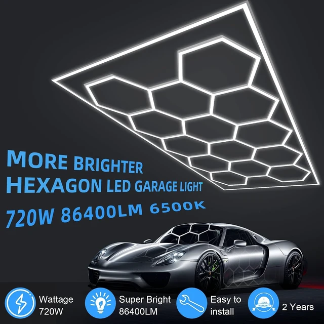 Alt view image 5 of 7 - MODERN Hexagon Garage Light: Higher Brightness 720W 86400 Lumens Hexagon Led Garage Light with Rectangle Frame 6500K for Garage, Basement, Warehouse, Auto Beauty Shop, Car Detailing Shop etc.