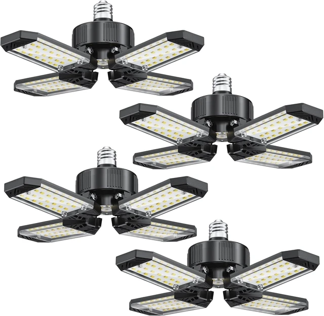 Main image of LED Garage Lights 4 Pack, 120W 12000LM Garage Lighting 6500K with 4+1 Deformable Panels, Screw Into E26 E27 Socket, Ceiling Lighting for Shop Workshop Basement Barn Attic Bay