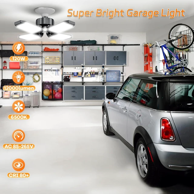 Alt view image 2 of 7 - LED Garage Lights 4 Pack, 120W 12000LM Garage Lighting 6500K with 4+1 Deformable Panels, Screw Into E26 E27 Socket, Ceiling Lighting for Shop Workshop Basement Barn Attic Bay