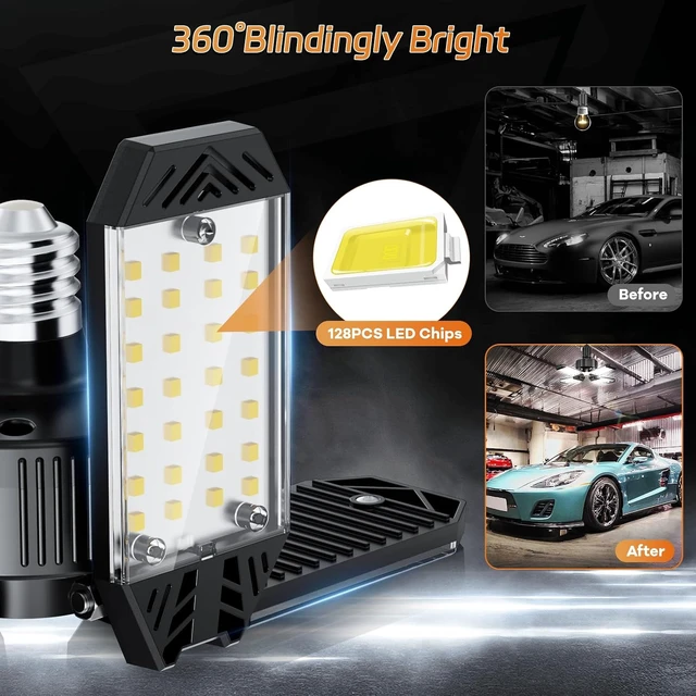 Alt view image 4 of 7 - LED Garage Lights 4 Pack, 120W 12000LM Garage Lighting 6500K with 4+1 Deformable Panels, Screw Into E26 E27 Socket, Ceiling Lighting for Shop Workshop Basement Barn Attic Bay