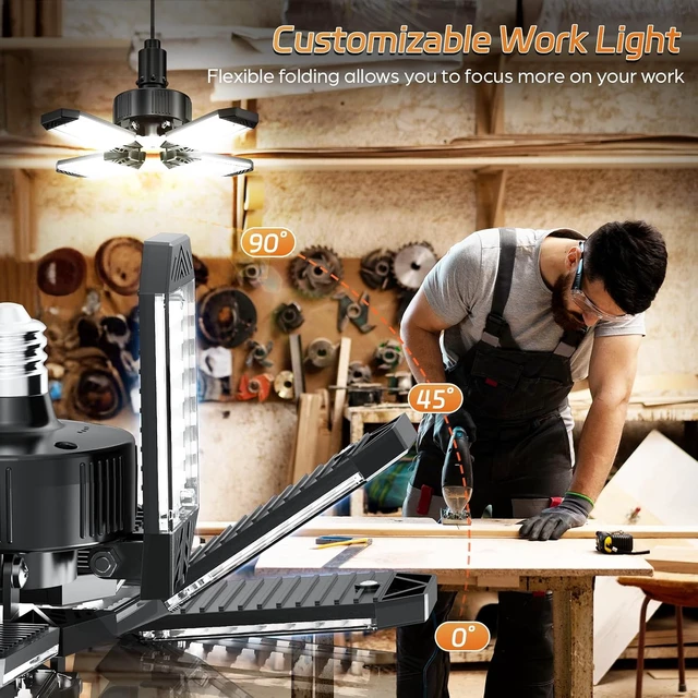 Alt view image 3 of 7 - LED Garage Lights 4 Pack, 120W 12000LM Garage Lighting 6500K with 4+1 Deformable Panels, Screw Into E26 E27 Socket, Ceiling Lighting for Shop Workshop Basement Barn Attic Bay