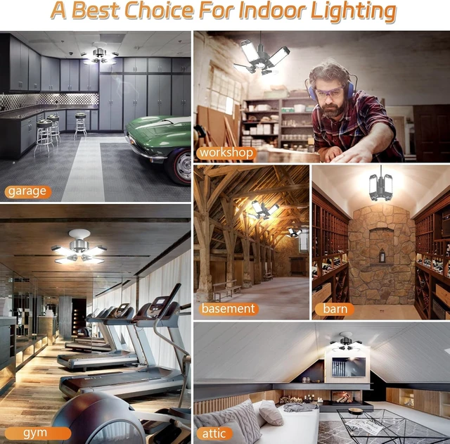 Alt view image 7 of 7 - LED Garage Lights 4 Pack, 120W 12000LM Garage Lighting 6500K with 4+1 Deformable Panels, Screw Into E26 E27 Socket, Ceiling Lighting for Shop Workshop Basement Barn Attic Bay