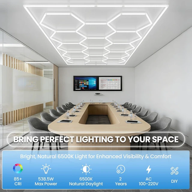 Alt view image 2 of 7 - Hexagon Garage Light with Rectangular Frame, 539W 6500K High Brightness LED Shop Light, 14-Pack Design for Garage, Workshop, Basement, Car Detailing