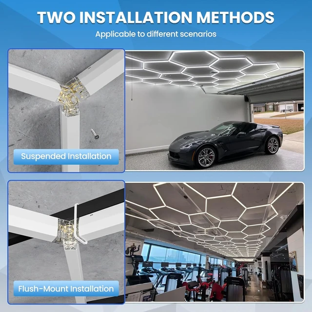 Alt view image 4 of 7 - Hexagon Garage Light with Rectangular Frame, 539W 6500K High Brightness LED Shop Light, 14-Pack Design for Garage, Workshop, Basement, Car Detailing