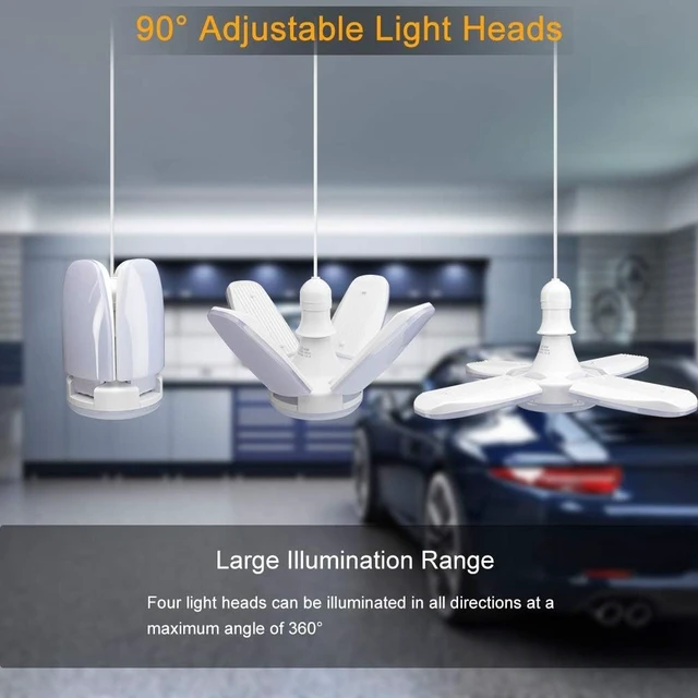 Alt view image 3 of 7 - (4 Pack) LED Garage Lights, 60W Trilights Ceiling, High Low Bay Deformable Adjustable 4 Led Light Bulbs 6000LM 6000K, Screw in Tribright Garage Lighting Fixture,CRI80 Daylight