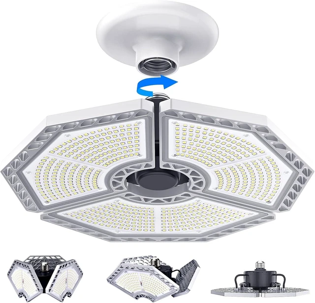 Main image of K KERNOWO LED Garage Lights, 140W 18500 Lumens Garage Lighting, 6000K Daylight with Deformable Three Panel Ceiling Light Fixture E26/E27 Triple Glow LED Shop Light for Basement Workshop Warehouse