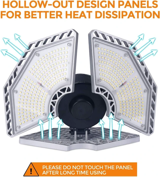 Alt view image 4 of 7 - K KERNOWO LED Garage Lights, 140W 18500 Lumens Garage Lighting, 6000K Daylight with Deformable Three Panel Ceiling Light Fixture E26/E27 Triple Glow LED Shop Light for Basement Workshop Warehouse