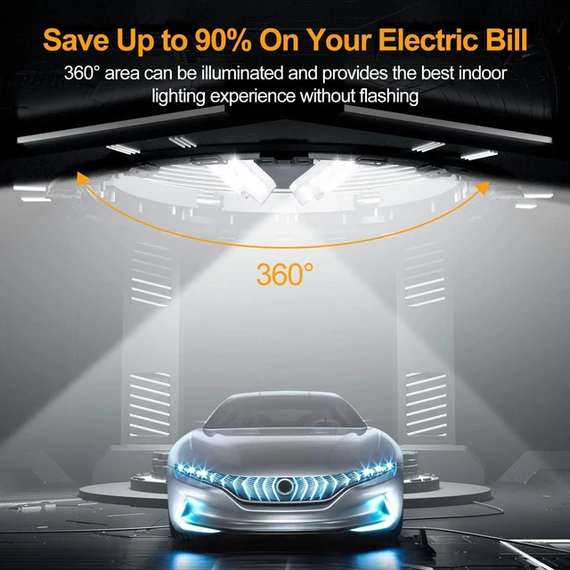 Alt view image 6 of 7 - K KERNOWO LED Garage Lights, 140W 18500 Lumens Garage Lighting, 6000K Daylight with Deformable Three Panel Ceiling Light Fixture E26/E27 Triple Glow LED Shop Light for Basement Workshop Warehouse