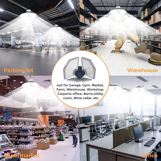 Alt view image 7 of 7 - K KERNOWO LED Garage Lights, 140W 18500 Lumens Garage Lighting, 6000K Daylight with Deformable Three Panel Ceiling Light Fixture E26/E27 Triple Glow LED Shop Light for Basement Workshop Warehouse