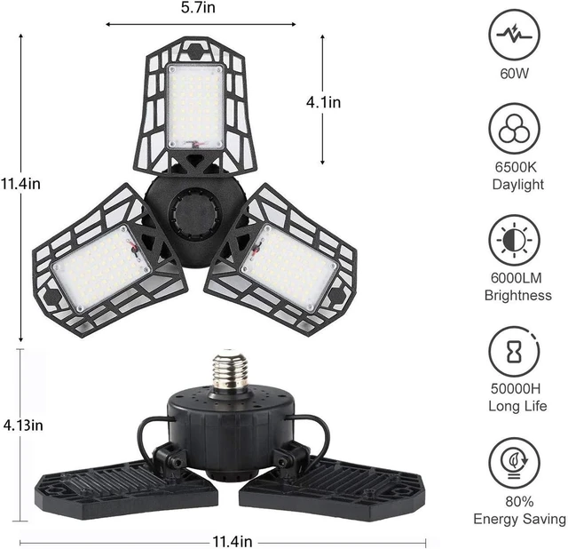 Alt view image 4 of 6 - LED Garage Light - 6000 Lumen 6500K Daylight 60W, Three Leaf Led Garage Ceiling Lights
