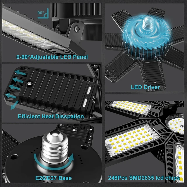 Alt view image 5 of 7 - LED Garage Light 2 Pack - 200W 20000LM 6500K LED Garage Ceiling Lights with 7+1 Adjustable Panels, Shop Lights Screw in E26 E27 Bulb Socket for Workshop, Storage Room, Basement, Warehouse