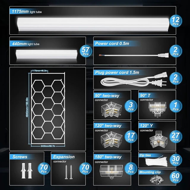 Alt view image 2 of 7 - FERUERW Hexagon Garage Lights 14 Hex with Rectangle Frame