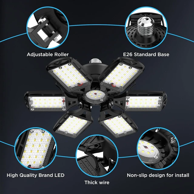 Alt view image 4 of 7 - LED Garage Lights 2 Pack, 18000LM 180W Deformable Shop Light with 6+1 Adjustable Panels, 6500K Daylight White Ceiling Light for E26 Base, Ideal for Garage/Basement/Barn