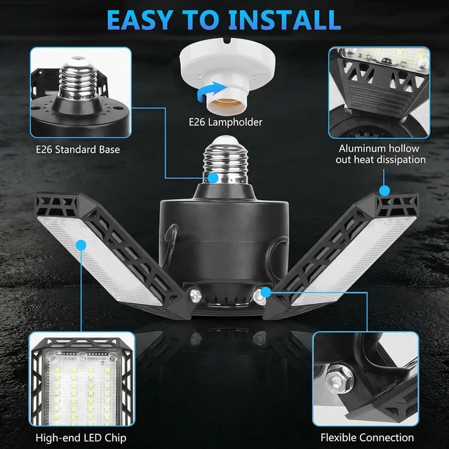 Alt view image 2 of 7 - 4 Pack Led Garage Lights, 60W Deformable Garage Ceiling Light