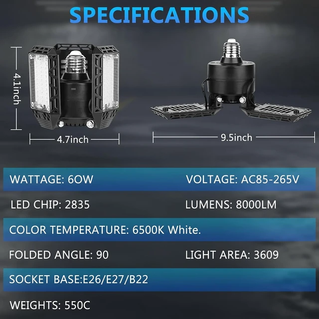Alt view image 5 of 7 - 4 Pack Led Garage Lights, 60W Deformable Garage Ceiling Light