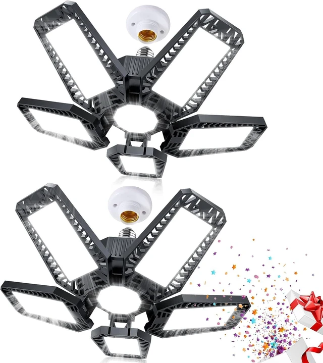 Main image of Garage Lights - 160W 16000LM 6500K Screw in LED Garage Lights 5+1 Deformable Panels for Basement, Workshop, Attic,E26/E27, Black(2)