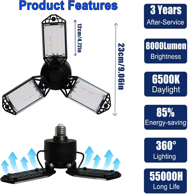 Alt view image 3 of 7 - 2Pack 80W LED Garage Light, 8000 Lumen Ceiling Lights with 3 Adjustable Panels, 6500K Daylight Light Bulb Fixture LED Lights for Garage, E26/E27 LED Shop Lights, Attic Workshop LED Bay Light