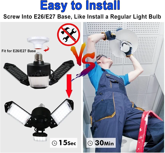 Alt view image 4 of 7 - 2Pack 80W LED Garage Light, 8000 Lumen Ceiling Lights with 3 Adjustable Panels, 6500K Daylight Light Bulb Fixture LED Lights for Garage, E26/E27 LED Shop Lights, Attic Workshop LED Bay Light