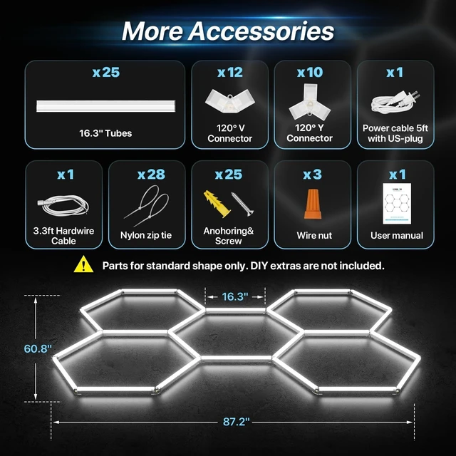 Alt view image 6 of 7 - HYPERLITE Gen II Hexagon Garage Lights: 168W 16800LM 5 Grids Hexagon Led Light, 6500K Ultra Bright Honeycomb Hex Lights, Durable Design for Garage, Shop, Basement, Barber, Homegym