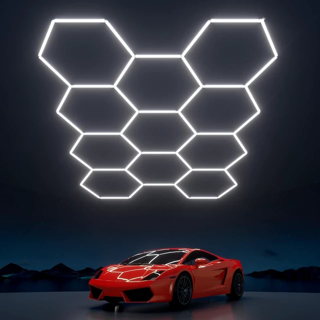 Main image of Hexagon Garage Lights: 322W 11 Grids Hexagon LED Lights - Easy Install 6500K Super Bright Honeycomb Lights Ceiling for Garage, Warehouse, Car Detailing Shop, Exhibition Hall, Gym