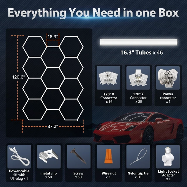Alt view image 6 of 7 - Hexagon Garage Lights: 322W 11 Grids Hexagon LED Lights - Easy Install 6500K Super Bright Honeycomb Lights Ceiling for Garage, Warehouse, Car Detailing Shop, Exhibition Hall, Gym