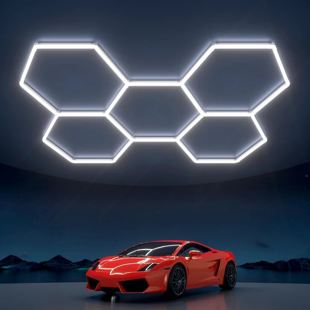 Main image of Hexagon Garage Lights: 168W 5 Grids LED Garage Lights - Easy Install 6500K Super Bright Honeycomb Light for Workshop Warehouse Car Detailing Shop Exhibition Hall Gym