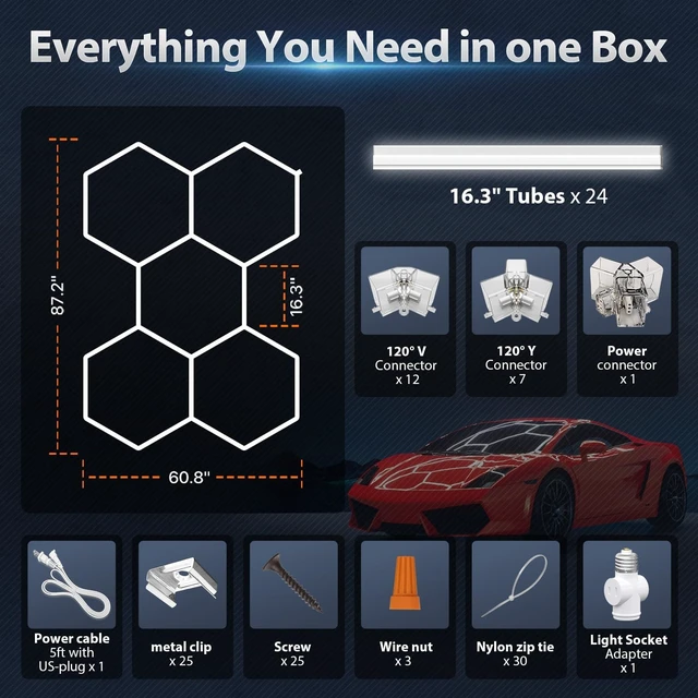Alt view image 6 of 7 - Hexagon Garage Lights: 168W 5 Grids LED Garage Lights - Easy Install 6500K Super Bright Honeycomb Light for Workshop Warehouse Car Detailing Shop Exhibition Hall Gym