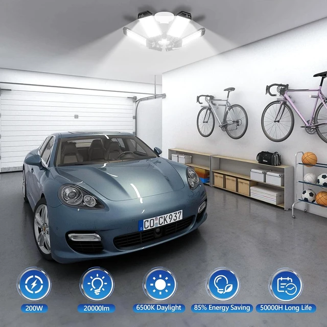 Alt view image 2 of 7 - Garage Light 2 Pack - 200W 20000LM Garage Lights Ceiling LED 6500K with 6+1 Deformable Panels, Screw in E26/E27 Bulb Socket LED Shop Lights for Workshop Barn Basement Gym Bay Lighting