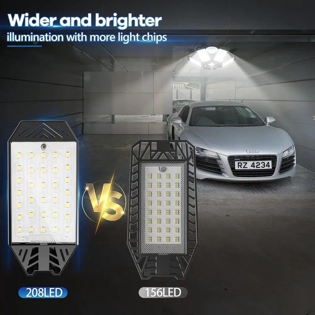 Alt view image 3 of 7 - Garage Light 2 Pack - 200W 20000LM Garage Lights Ceiling LED 6500K with 6+1 Deformable Panels, Screw in E26/E27 Bulb Socket LED Shop Lights for Workshop Barn Basement Gym Bay Lighting