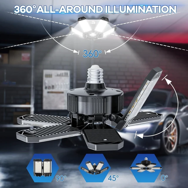 Alt view image 5 of 7 - Garage Light 2 Pack - 200W 20000LM Garage Lights Ceiling LED 6500K with 6+1 Deformable Panels, Screw in E26/E27 Bulb Socket LED Shop Lights for Workshop Barn Basement Gym Bay Lighting