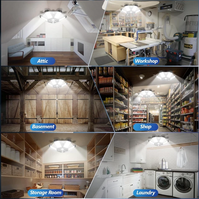 Alt view image 7 of 7 - Garage Light 2 Pack - 200W 20000LM Garage Lights Ceiling LED 6500K with 6+1 Deformable Panels, Screw in E26/E27 Bulb Socket LED Shop Lights for Workshop Barn Basement Gym Bay Lighting