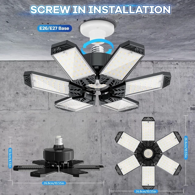 Alt view image 6 of 7 - Garage Light 2 Pack - 200W 20000LM Garage Lights Ceiling LED 6500K with 6+1 Deformable Panels, Screw in E26/E27 Bulb Socket LED Shop Lights for Workshop Barn Basement Gym Bay Lighting