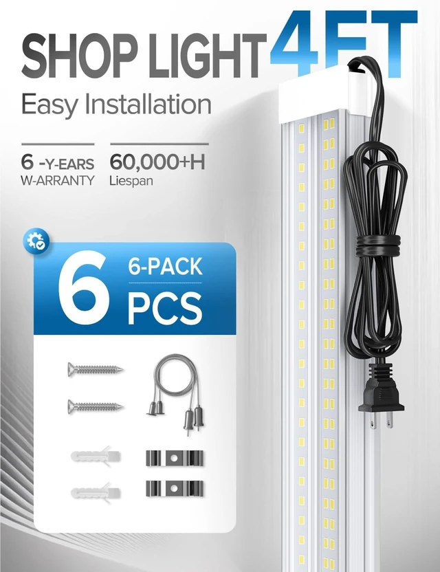 Alt view image 4 of 7 - Upgrade Super Bright 6 Pack 60W LED Shop Lights 4FT 9000LM 5000K for Shop