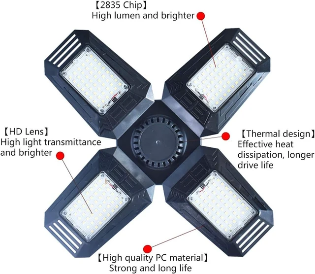 Alt view image 2 of 6 - Deformable LED Garage Lights - 12000 Lumen 6500K Daylight 120W, Four Leaf Garage Organization Ceiling Lighting